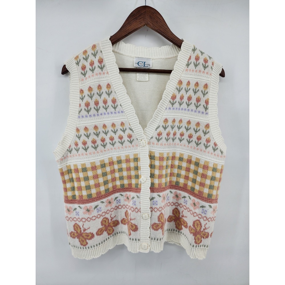 Cricket Lane Vintage Butterfly Floral Gingham Knit Sweater Vest Large